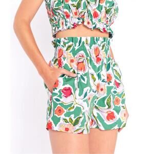 English Factory Floral High Rise Smocked Pull On Cotton Poplin Shorts Green XS